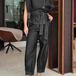 Women's Lapel Sleeveless Casual Loose Denim Top And High-waisted Casual Loose Wide-leg Denim Pants Set.