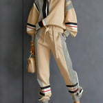 Women's Color Block Long Sleeve Casual Loose Hooded Sweatshirt And Elastic Waist Casual Pants Set