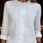 Elegant Embroidered Floral Ruffles Collar Cotton Shirt