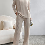 Women's Solid Color Casual Straight Leg Pants Loose V-neck Knit Set