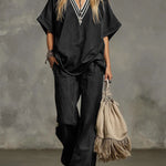 Women's V-neck Short-sleeved Casual Loose Top And High-waisted Casual Loose Wide-leg Denim Pants Set.