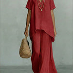 Classic Casual Short-sleeved Linen And Cotton Top And Wide-leg Pants Two-piece Set