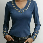 Women's Denim-look V-neck Long-sleeved Casual Loose-fitting Top