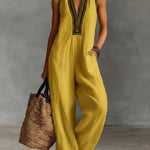 Women's V-neck Sleeveless Casual Loose Cotton And Linen Jumpsuit