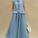Women's Solid Color Round Neck Sleeveless Loose Casual Top And High-waisted Loose Casual Skirt Cotton And Linen Set.