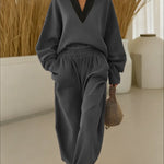 Women's Color Block V-neck Long-sleeve Casual Loose Sweatshirt With Elastic Waist And Wide-leg Pants Set