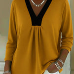 Casual Color-block V-neck Cotton Shirt Top