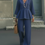 Elegant 100% Cotton Denim V-neck Shirt And Wide-leg Pants Two-piece Set