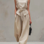 Women's Solid Color Round Neck Sleeveless Loose Casual Top And High-waisted Loose Wide-leg Pants Cotton And Linen Set.