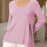 Women's Solid Color V-neck Long-sleeved Casual Loose-fitting Top With Irregular Hem.