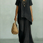 Classic Casual Short-sleeved Linen And Cotton Top And Wide-leg Pants Two-piece Set