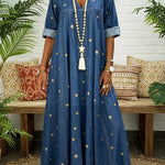 Casual Gold Star Print 100% Cotton Denim Dress