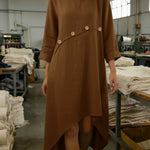 Cozy Patchwork Button-decorated Linen Dress