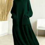 Women's Solid Color High-Neck Long-Sleeve Casual Loose Knit Dress