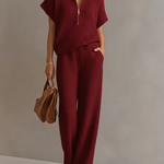 Casual Zippered Stand-collar Top And Straight-leg Pants Knitted Set