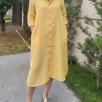 Women's Solid Color Shirt Collar 3/4 Sleeve Casual Loose Cotton And Linen Dress