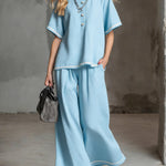 Women's Round-neck Short-sleeved Casual Loose Top And High-waisted Loose Wide-leg Pants Cotton And Linen Set.