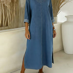 Women's New Spring Collection V-neck Long-sleeved Casual Loose Denim Dress With Side Slits.