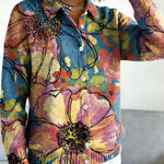 Elegant Large Floral Decorative Patterns Casual Shirt Collar Long Sleeve Sweater