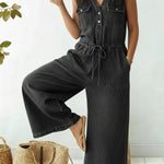 Women's Casual V-neck Belted Denim Jumpsuit