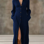 Women's Solid Color Shirt Collar Long Sleeve Casual Loose A-line Knit Dress