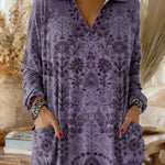 Women's Retro Print V-neck Long Sleeve Casual Loose Cotton Top