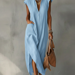 Elegant Ruff Collar Fashion Linen Cotton Midi Dress