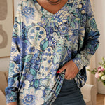 Women's Floral Pattern Art Print V-neck Casual Cotton T-shirt