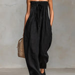 Women's Solid Color Strapless Casual Loose Cotton And Linen Jumpsuit