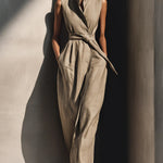 Elegant Collared Sleeveless Linen Cotton Jumpsuit