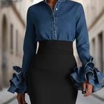 Vintage Elegant Ruffled Sleeves Denim Shirt