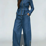 Casual Zip-up Off-shoulder Denim Top And Jeans Two-piece Set