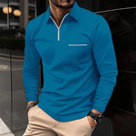 Men's Solid Zipper Lapel Breast Pocket Long Sleeve Polo Shirt