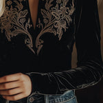 Elegant V-neck Embroidery Velvet Long Sleeves Top