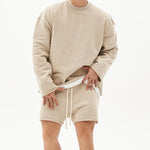 Men's Fashion Solid Color Loose Rolled Sweatshirt Shorts Set