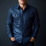 Men's Stylish Dark Blue Lapel Long Sleeve Leather Shirt