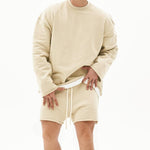 Men's Fashion Solid Color Loose Rolled Sweatshirt Shorts Set