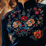 Elegant Stand Collar Embroidery Velvet Long Sleeves Top