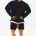 Men's Fashion Solid Color Loose Rolled Sweatshirt Shorts Set