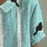 Women's Retro Bird Branch Pattern Printed Casual Cotton and Linen Shirt
