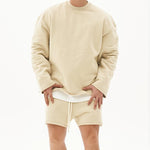 Men's Fashion Solid Color Loose Rolled Sweatshirt Shorts Set