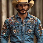 Men's Western Cowboy Style Embroidered Lapel Chest Pocket Long Sleeve Denim Shirt