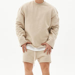 Men's Fashion Solid Color Loose Rolled Sweatshirt Shorts Set
