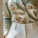 Elegant Lapel Rose Pattern Side Button Down Satin Shirt