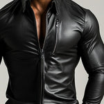 Men's Fashion Lapel Zipper Slim Fit Long Sleeve Leather Shirt