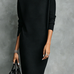 Women's Elegant Black Knitted Turtleneck Long-sleeved Loose-fitting Maxi Dress With No Pockets