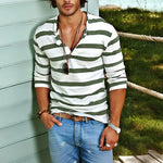 Men's Casual Striped Henley Collar Cotton Blend Long Sleeve T-Shirt
