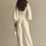 Women's Ivory Textured Set With Ribbed Crew Neck & High-Waisted Bottoms, Modern Sophisticated Style Set
