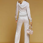 Stylish And Elegant Hooded Leopard Print Velvet Top And Flared Pants Set