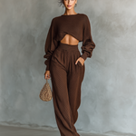 Women's Coffee-colored Short Top And Wide-leg Pants Knitted Set